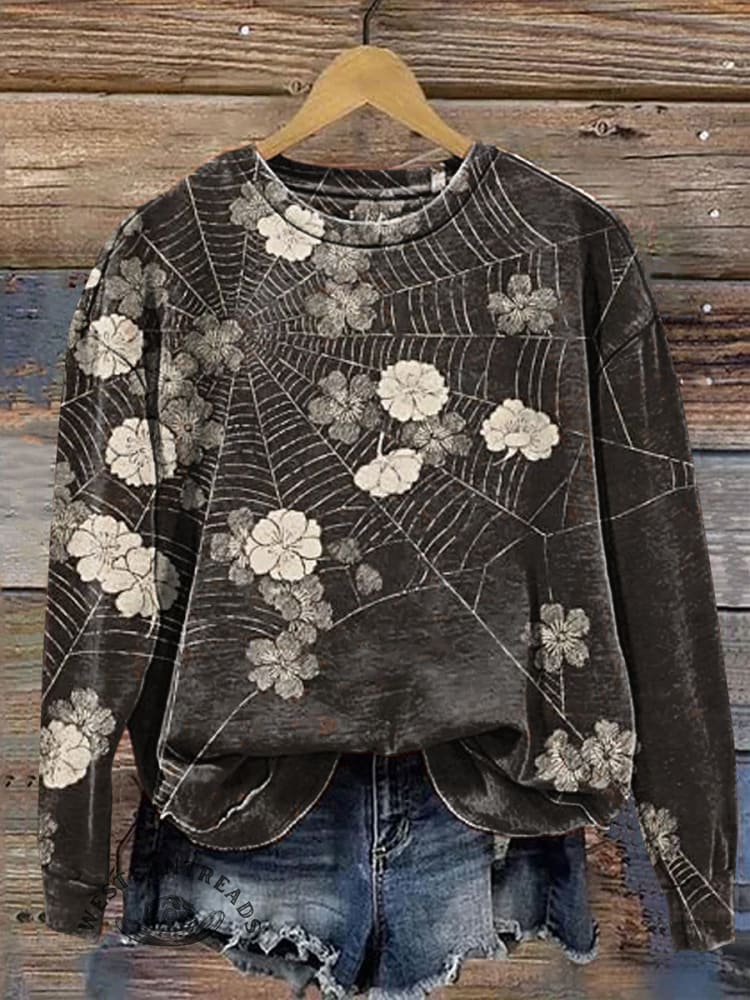 Vintage Spider Web and Flowers Prints Casual Cotton Sweatshirt