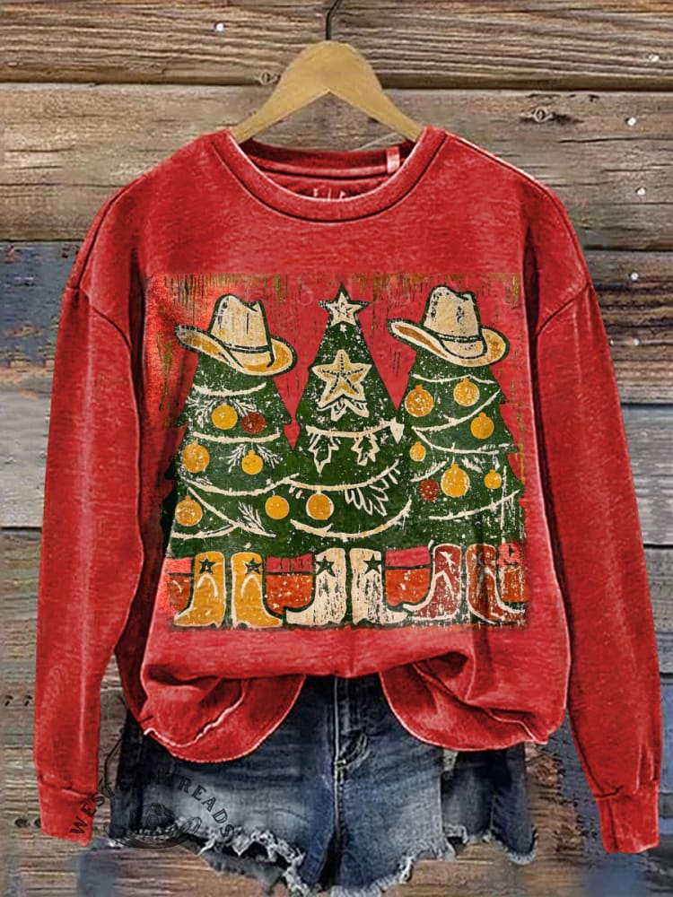 Western Cowboy Christmas Tree Casual Cotton Sweatshirt