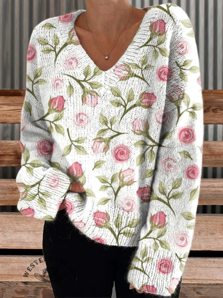 Women's Vintage Rose Casual V-neck Pullover Knit
