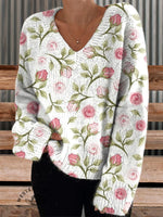 Women's Vintage Rose Casual V-neck Pullover Knit