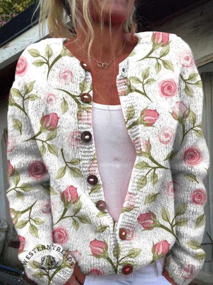 Rose Art Print Buttoned Cardigan Sweater