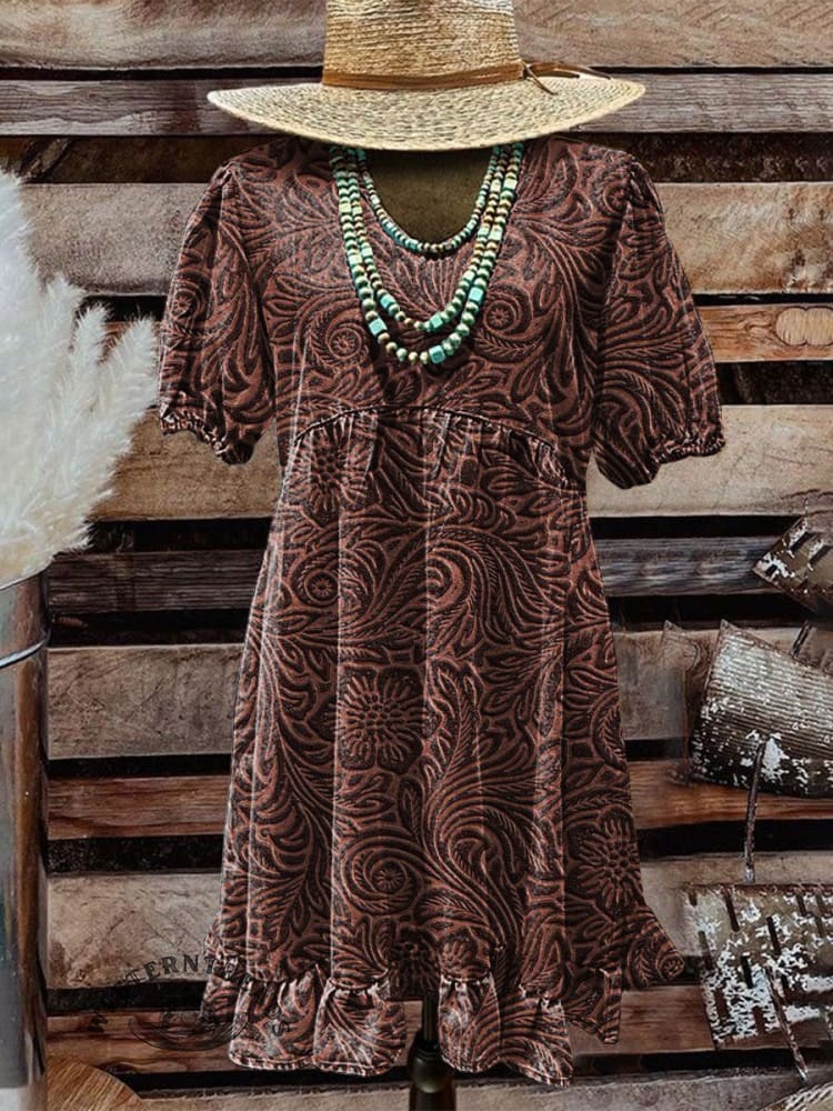 Women's Vintage Western Art Print Pocket Cotton Dress