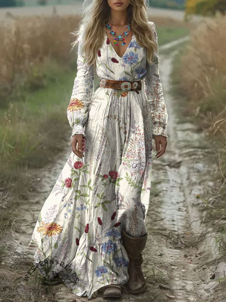 Women's Vintage Art Print Pocket Cotton Dress