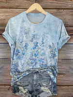 Blue Art Floral Short Sleeve T-Shirt