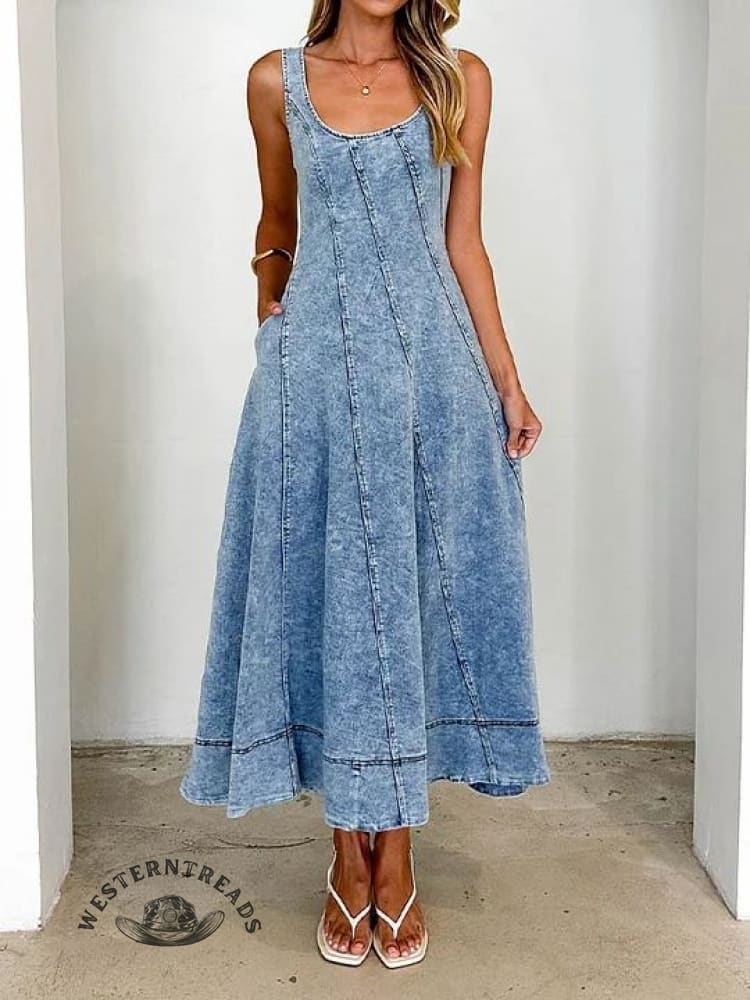 Women's Round Neck Vest Style Patchwork Design A-Line Dress