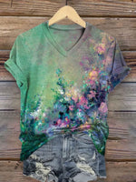 Women's Vintage Art Print V-neck Casual T-Shirt