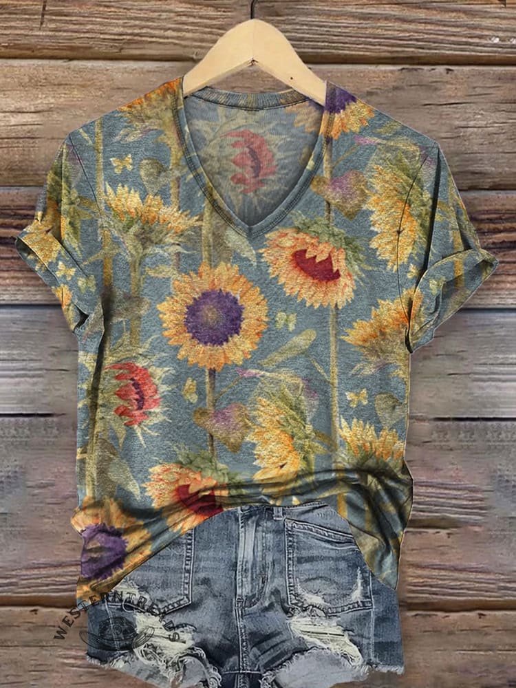 Women's Vintage Sunflower Art V-neck Casual T-Shirt