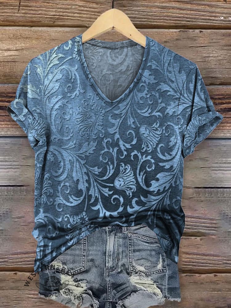 Women's Vintage Art Print V-neck Casual T-Shirt