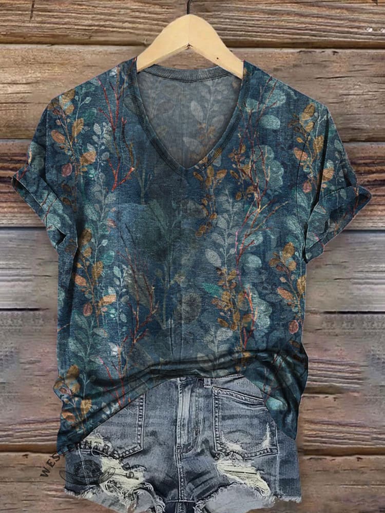 Women's Vintage Art Print V-neck Casual T-Shirt