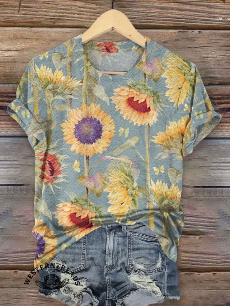Women's Vintage Sunflower Art V-neck Casual T-Shirt