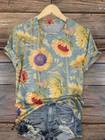 Women's Vintage Sunflower Art V-neck Casual T-Shirt