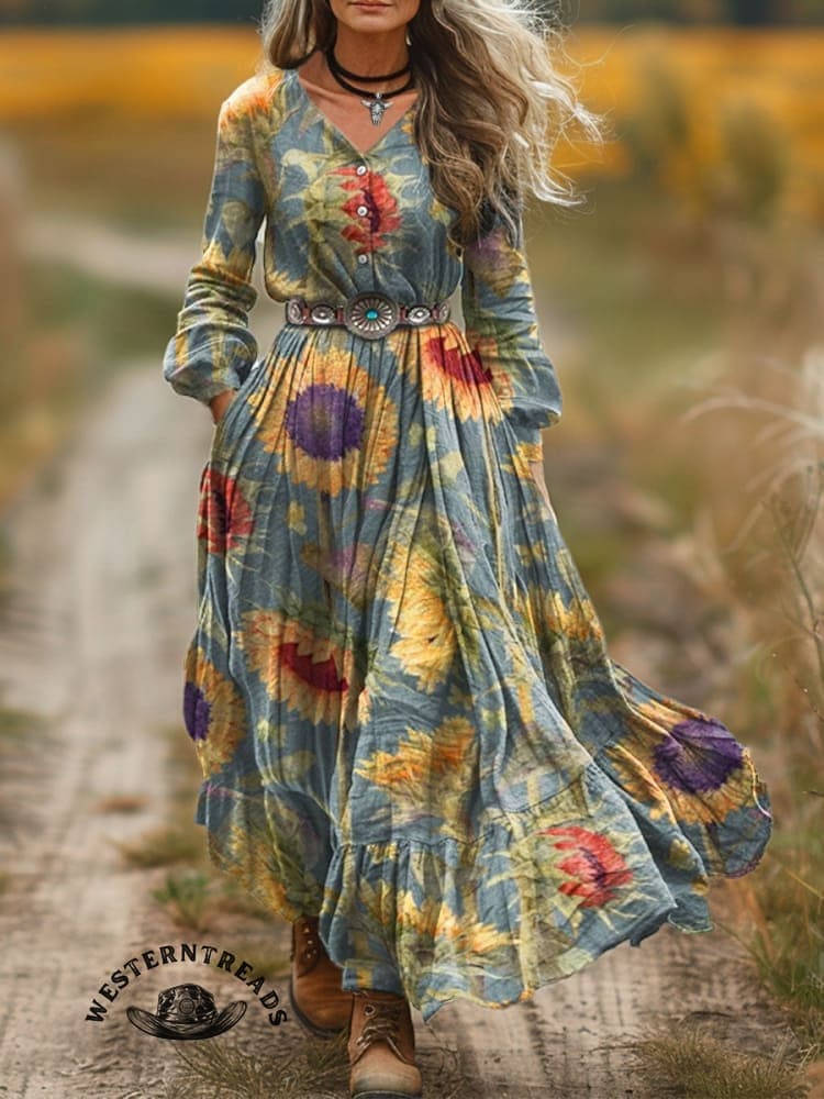 Women's Vintage Sunflower Art V-neck Casual T-Shirt