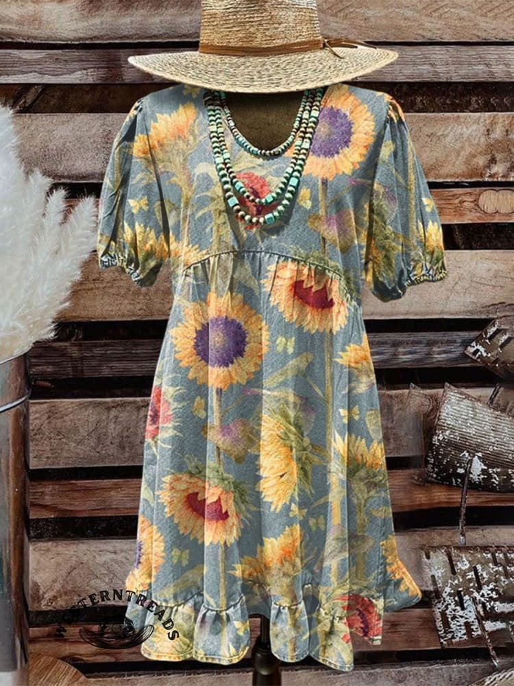 Women's Vintage Sunflower Art V-neck Casual T-Shirt