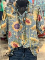 Women's Vintage Sunflower Art V-neck Casual T-Shirt