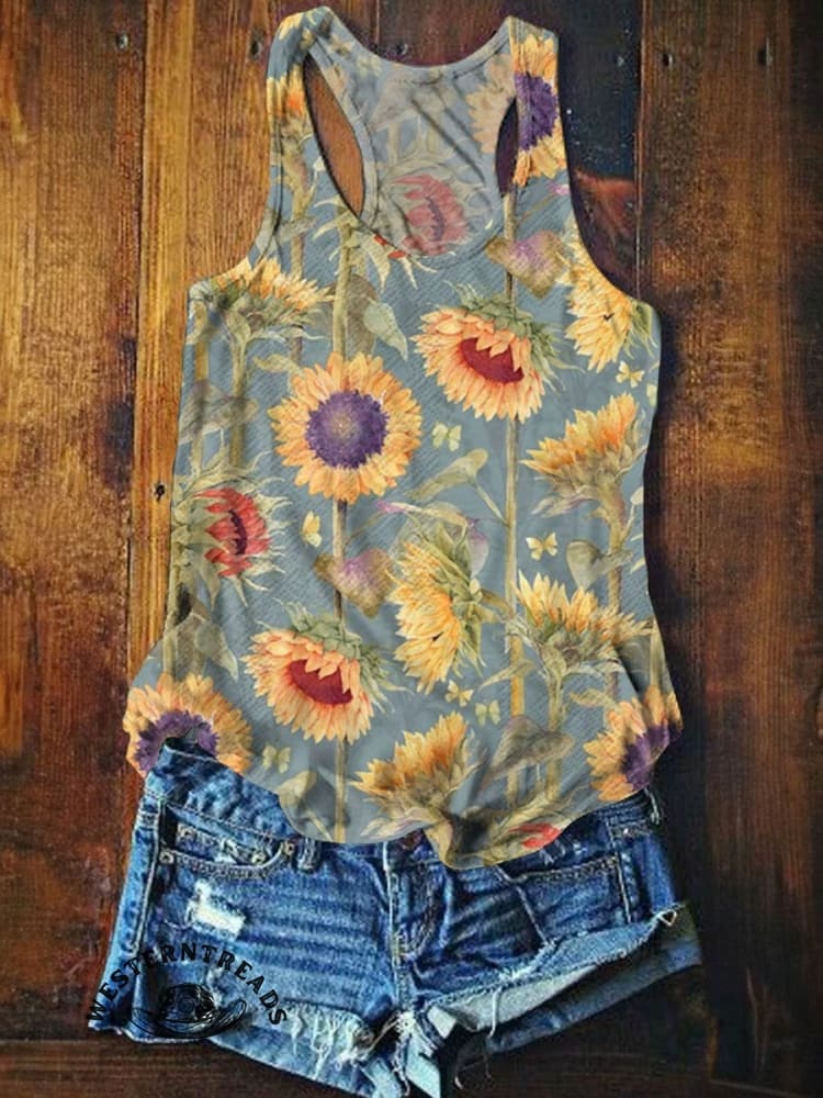 Women's Vintage Sunflower Art V-neck Casual T-Shirt