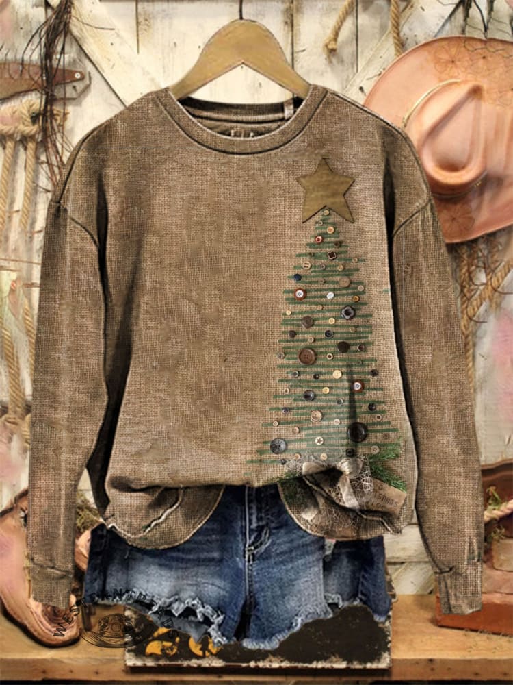 Vintage Christmas Tree Art Print Casual Cotton Sweatshirt