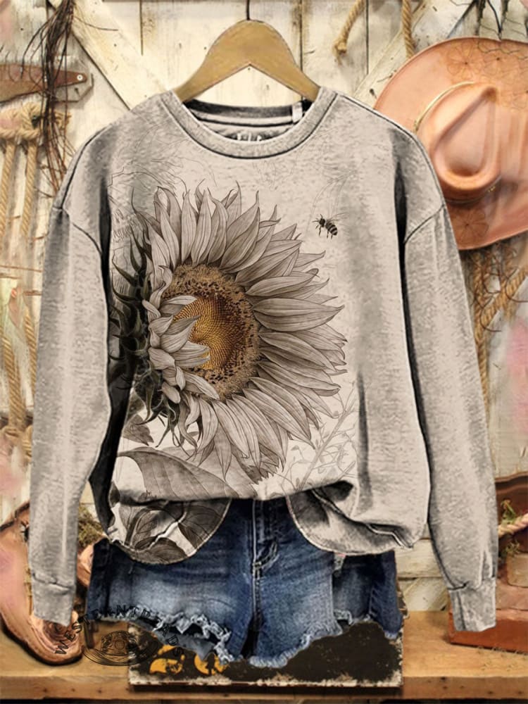 Vintage Art Sunflower Print Casual Cotton Sweatshirt