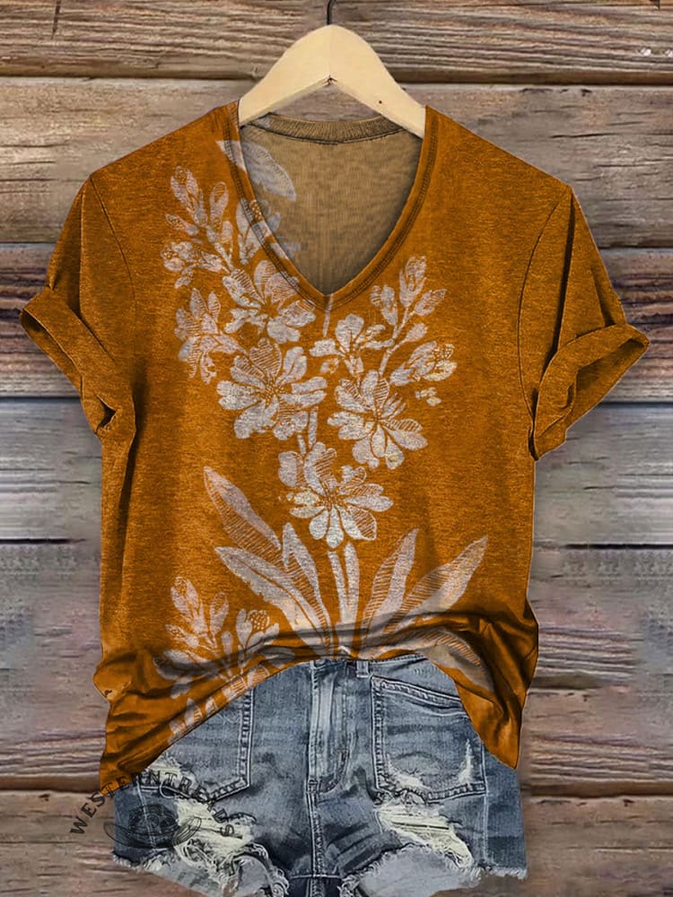 Women's Vintage Art V-neck Casual T-Shirt