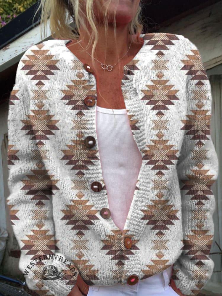 Western Art Print Buttoned Cardigan Sweater