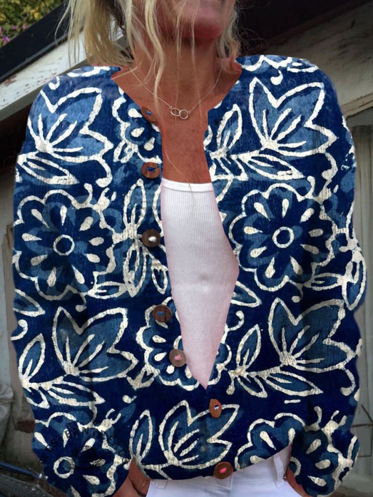 Vintage Art Print Buttoned Cardigan Sweater