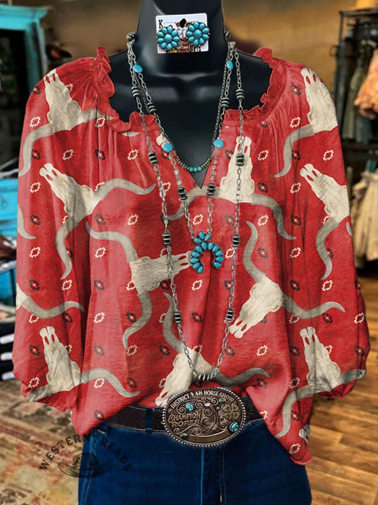 Women's Vintage Art Print Casual Linen V-neck Shirt