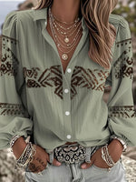 Women's Vintage Art Print Casual Cotton And Linen Shirt