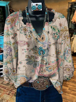 Women's Vintage Art Print Casual Linen V-neck Shirt