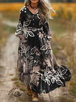 Women's Vintage Art Print V-Neck Button Pocket Cotton Dress