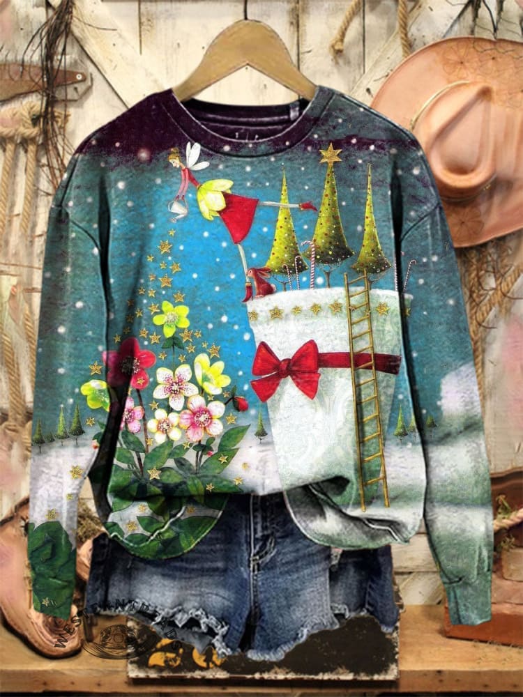 Vintage Christmas Art Casual Cotton Sweatshirt