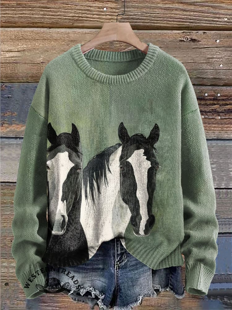 Vintage Horse Art Print Casual Cotton Sweatshirt