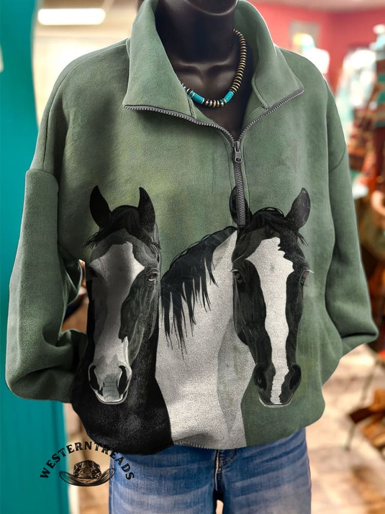 Vintage Horse Art Print Casual Cotton Sweatshirt
