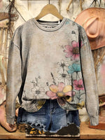 Vintage Art Flower Print Casual Cotton Sweatshirt