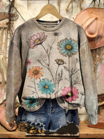 Vintage Art Flower Print Casual Cotton Sweatshirt