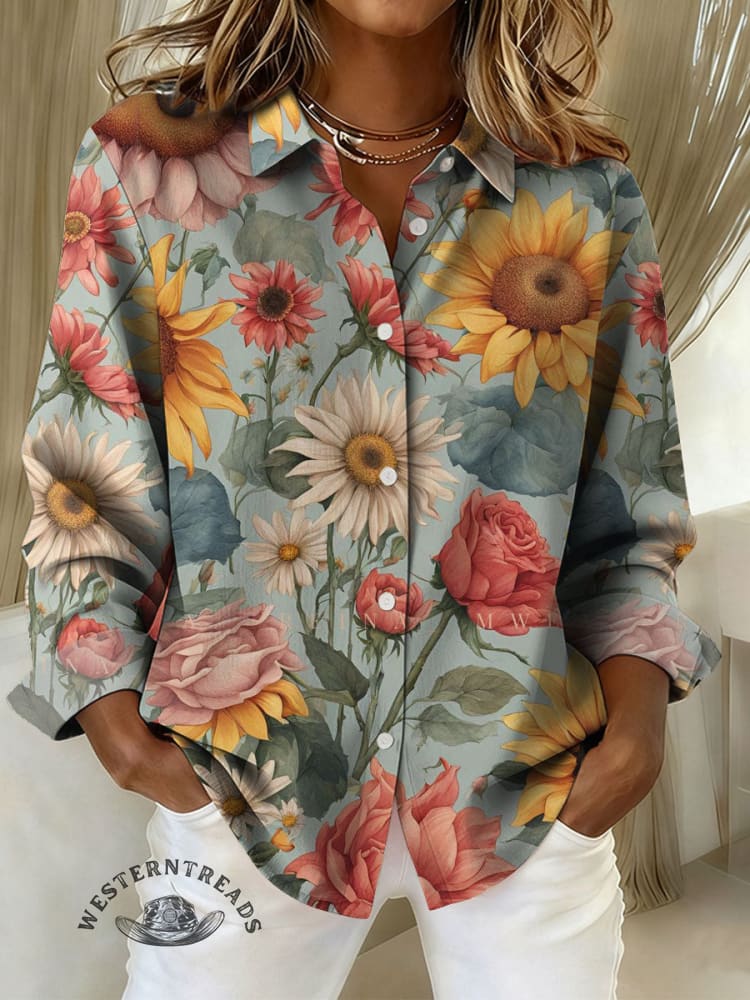 Women's Flower Print Casual Cotton Shirt