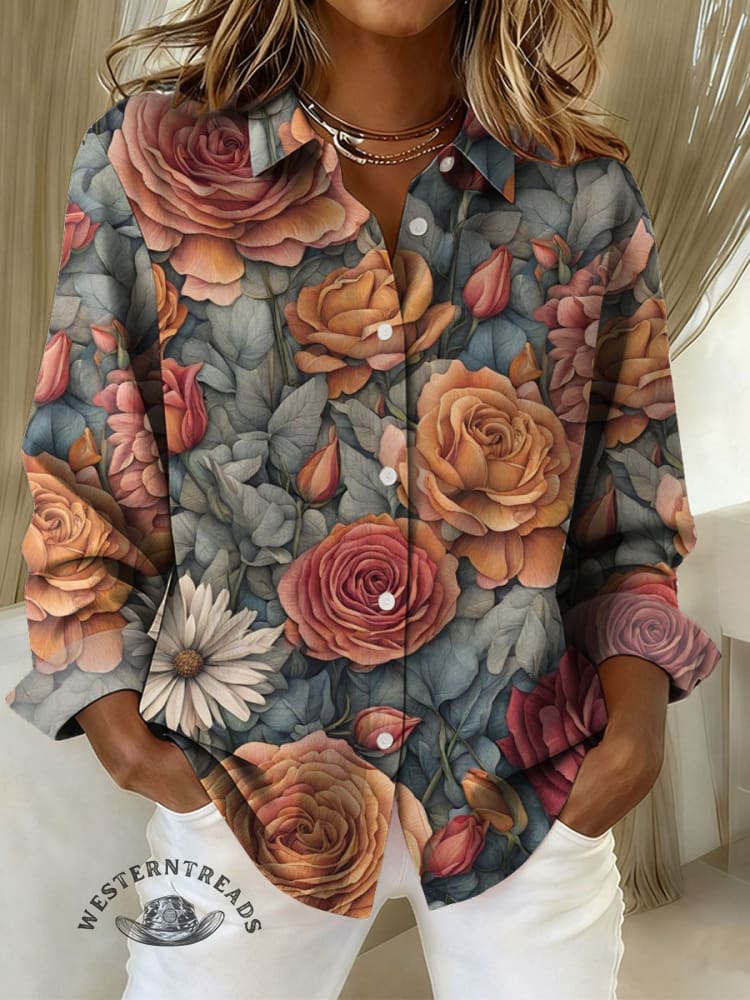 Women's Flower Print Casual Cotton Shirt