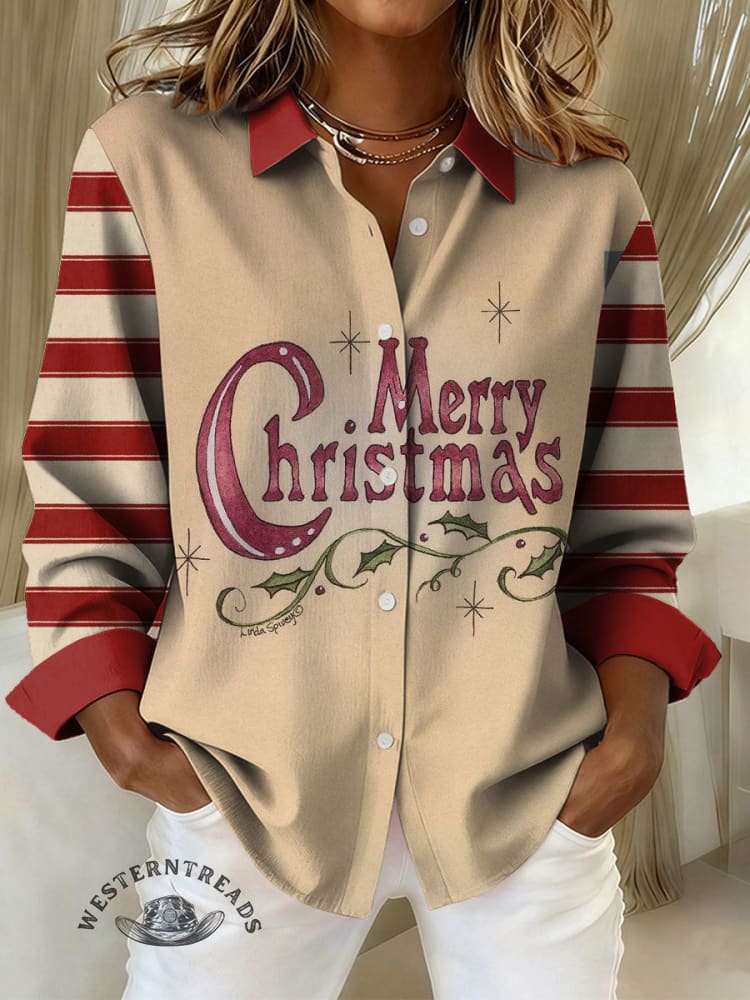 Women's Vintage Christmas Art Print Casual Cotton Shirt