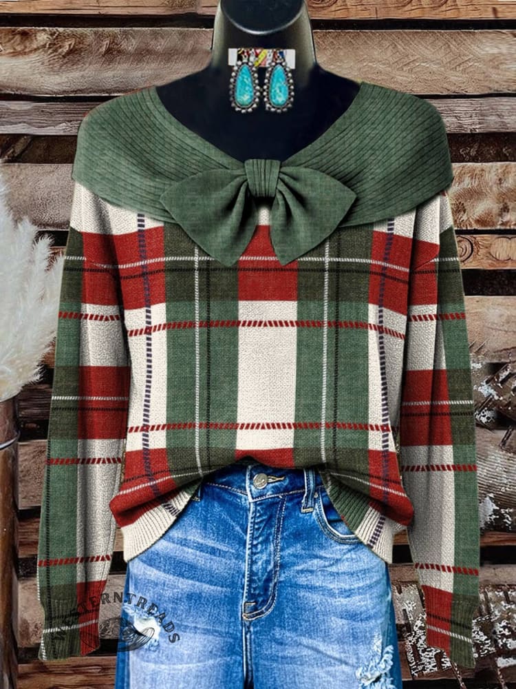 Red and Green Checkered Print Buttoned Cardigan Sweater