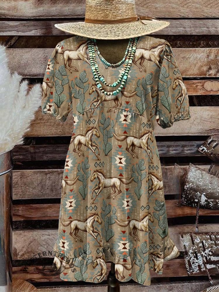 Women's Vintage West Aztec Print Pocket Cotton Dress