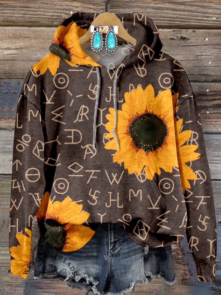Cattle Brands Sunflower Print Cotton Casual Hoodie Sweatshirt