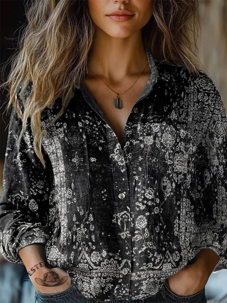 Women's Vintage Black Ethnic V-neck Casual T-Shirt
