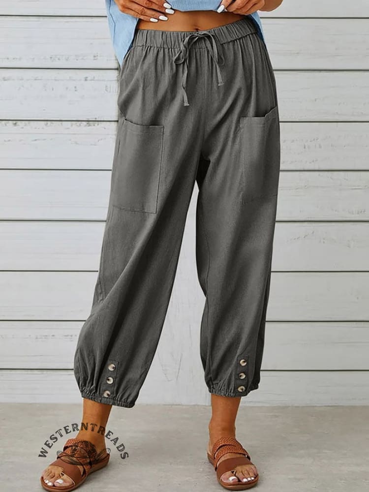 Solid Color Casual With Pocket Buttons Cotton Linen Trousers Pants