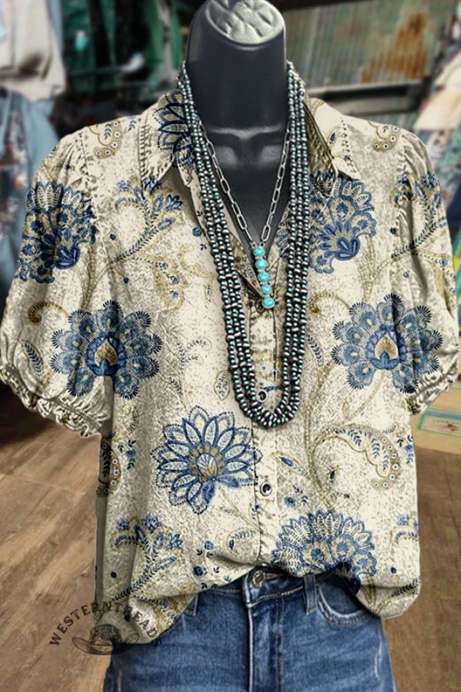 Art Floral Print Puff Sleeve Top