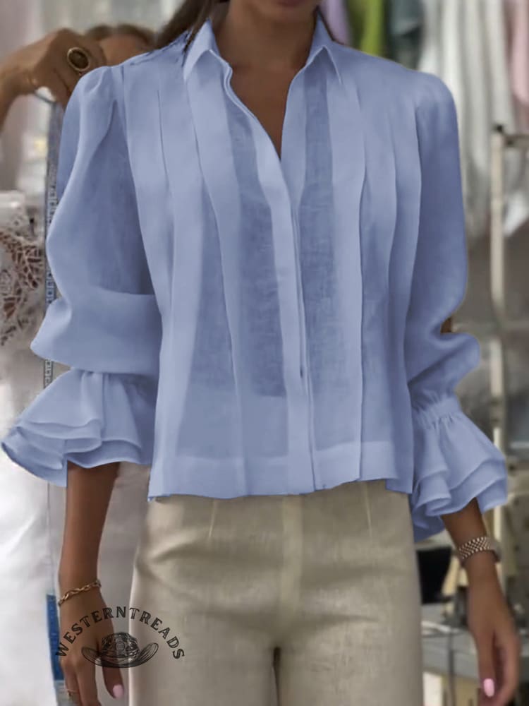 Women's Solid Color Western Horseback Riding Lapel Long Sleeve Casual Loose Linen Cardigan Top