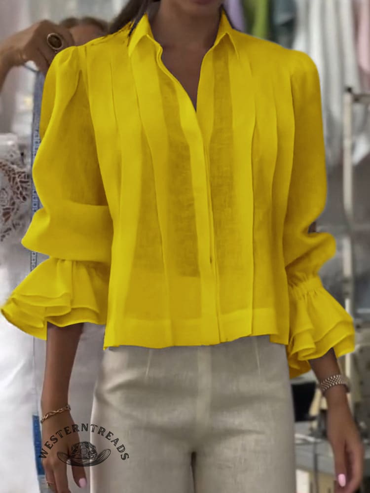 Women's Solid Color Western Horseback Riding Lapel Long Sleeve Casual Loose Linen Cardigan Top