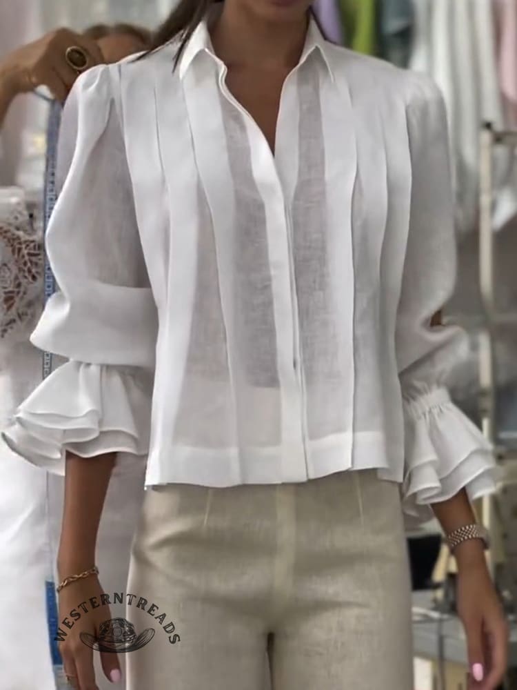 Women's Solid Color Western Horseback Riding Lapel Long Sleeve Casual Loose Linen Cardigan Top