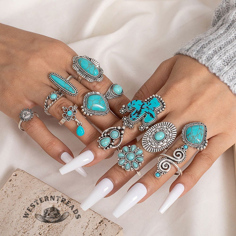 14PCS Turquoise Cactus Carved Ring Set
