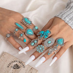 14PCS Turquoise Cactus Carved Ring Set