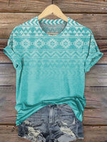 Turquoise Vintage Western Aztec Print T-shirt
