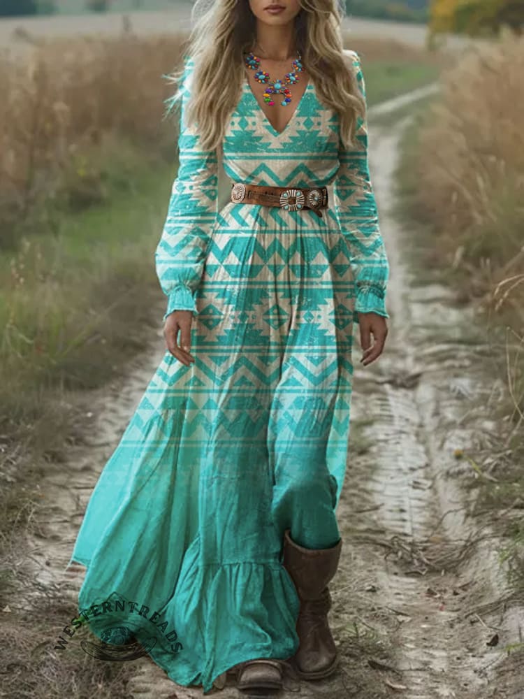 Women's Turquoise Gradient Aztec Print Pocket Cotton Dress