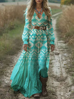 Women's Turquoise Gradient Aztec Print Pocket Cotton Dress